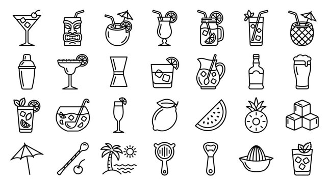 Set of cocktail and bar equipment icons in thin line style