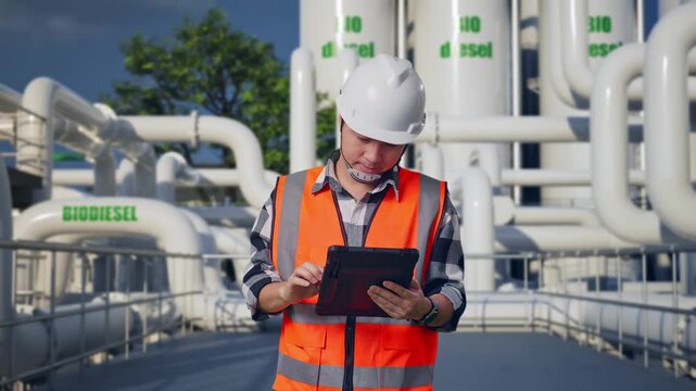 Asian Male Engineer With Safety Helmet Working On A Tablet While Standing at Biodiesel Production Facility