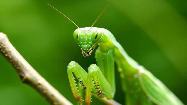 Cinematic close-up of a vibrant green praying mantis on a twig, revealing intricate details in stunning 4k clarity, a moment of natural wonder