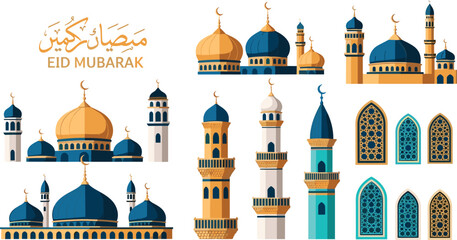 Colorful Islamic decorative illustration featuring mosque domes, minarets, crescent moons, stars, and Arabic calligraphy with “Eid Mubarak” greeting for Ramadan and Eid ul-Fitr artwork. © MdMahatab