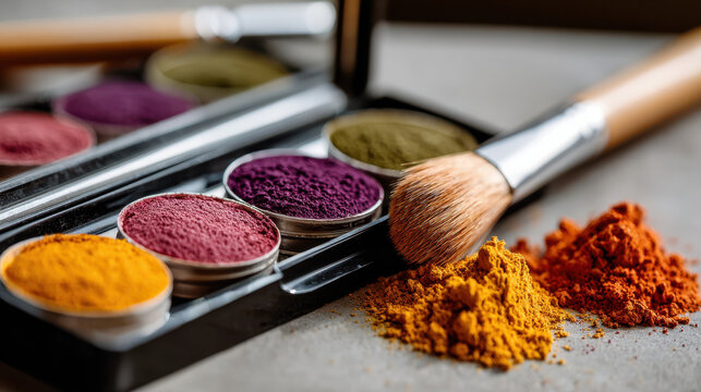 Vibrant face paint palette with brush on makeup table for creative jester costumes