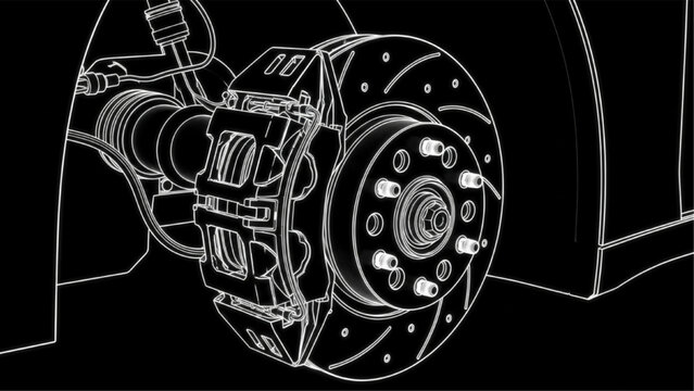 Disc brake black tech style, glowing automotive braking diagram
