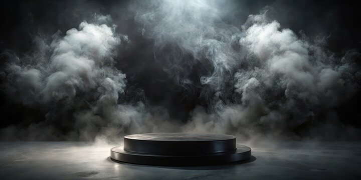 Dark mysterious background with a black stone podium surrounded by dark black smoke rising from the base