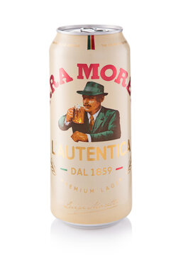 LONDON, UK - NOVEMBER 25, 2025: Aluminium tin of Birra Moretti lager beer on white background.