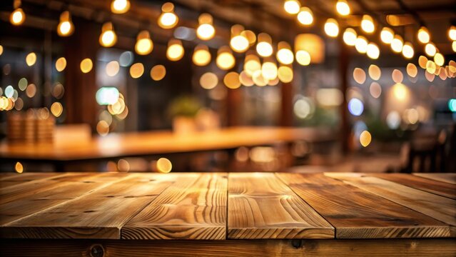 Empty wooden table top with blur light gold bokeh of cafe restaurant in dark background
