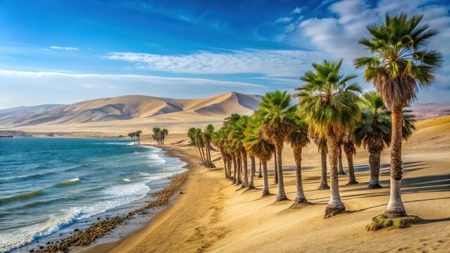 Palm trees line the shoreline of Playa de la Mina in Paracas Desert Peru, south america