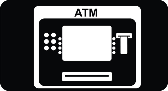 Black ATM machine icon isolated on white background, concept of banking, cash withdrawal, automated teller, financial services, money transaction, payment.