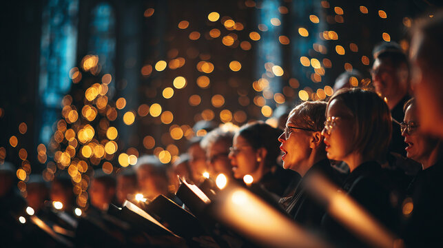 christian choir practicing christmas carols in warm church setting with glowing bokeh lights and focused spiritual worship rehearsal and musical harmony