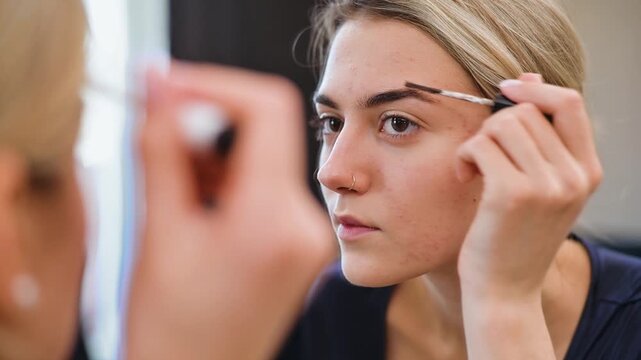 A woman focuses on shaping her eyebrows using a pencil in a bright indoor space. This footage can be used for beauty tutorials, makeup tips, and cosmetic product promotions