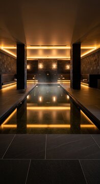 Luxury indoor swimming pool in a modern spa wellness center with warm ambient lighting