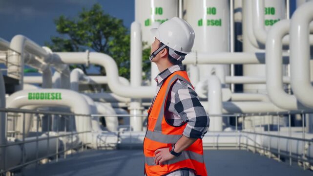 Side View Of Asian Male Engineer Wearing Safety Helmet Looking Around While Standing With Arms Akimbo at Biodiesel Production Facility