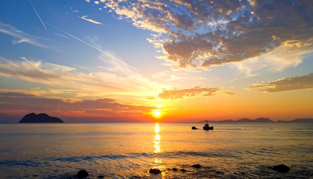 Beautiful sunset over calm water. A small boat is visible. The sky is a gradient of colors with clouds and a distant island