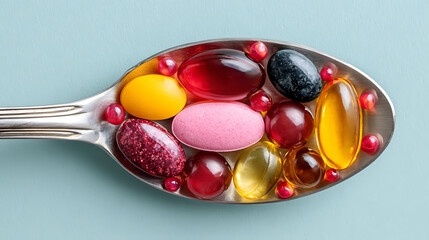 Fototapeta premium Pile of mixed pills on a spoon, visualizing complexity and variety in daily medication routines