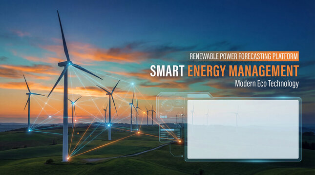 Futuristic card focused renewable energy forecasting featuring clean layout broad blank area concept. Sunset over wind turbines representing renewable energy solutions.