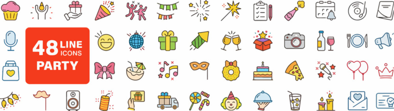 48th birthday party celebration with colorful flat design icons vector illustration