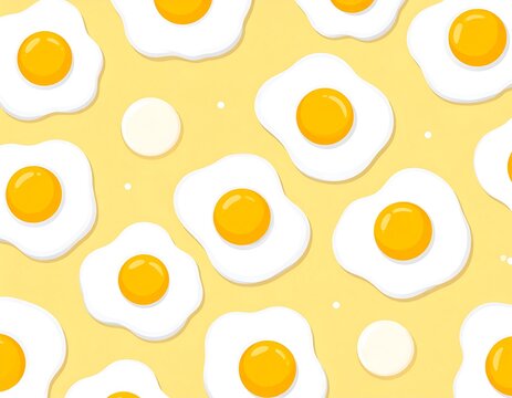Cartoon-style illustration of fried eggs scattered on a soft yellow background. Simple design with vibrant colors