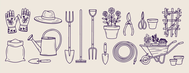 Gardening tools and pots doodle set, hand drawn garden hobby icons, shovel and rake sketches for design, minimalist nature elements for branding, garden flower pot line art, outdoor activity illustrat © Geetaroy