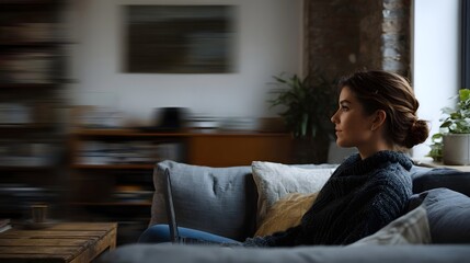 Obraz premium A young woman sits on a plush sofa in a warmly lit cozy living room intently focused on her laptop screen in a moment of productive solitude