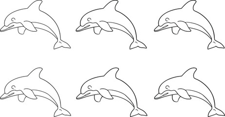 Obraz premium Dolphins vector illustration with six leaping marine animals in 2x3 grid simple black outlined aquatic design