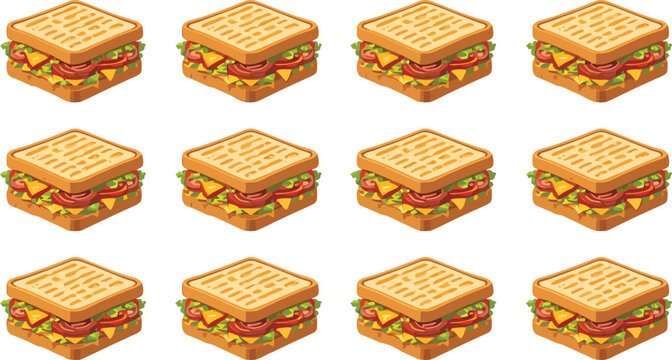   
Sandwich pattern vector illustration with cartoon grilled bread, lettuce, tomato, cheese and meat in 3x4 grid layout design