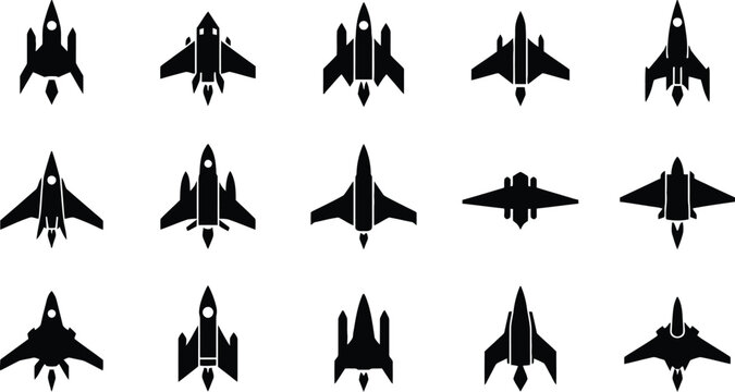 Fighter jet silhouettes vector illustration with 16 aircraft icons in grid layout showcasing aviation military plane designs