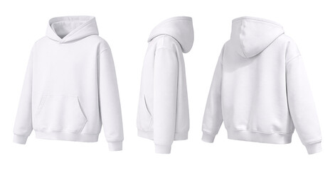 Obraz premium Blank White Hoodie Mockup Front, Side, and Back Views Isolated on White Background
