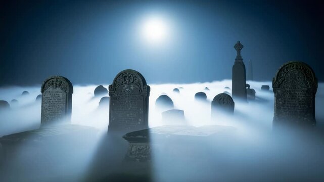 Misty graveyard with tombstones under a full moon at night  