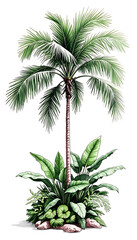 Obraz premium Tall Palm Tree With Lush Tropical Foliage and Rocks Isolated on White Background Illustration