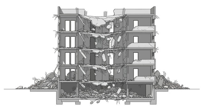 Collapsing building structure after earthquake or demolition disaster.