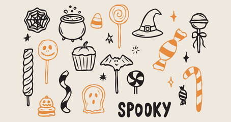 Spooky halloween doodles, witch hat icons, magic potion sketch, spooky party elements, holiday celebration symbols, whimsical ghost graphics, autumn event illustrations   © Geetaroy