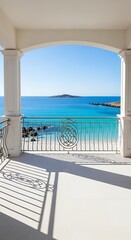 Fototapeta premium Luxury balcony overlooking a pristine turquoise tropical beach and ocean