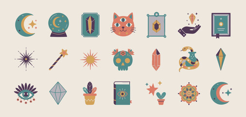 Gemstones and magic crystal doodle set, celestial moon and sun icons, mystical cat and skull sketches, bohemian spiritual elements collection, hand drawn magic symbols for design, crystal healing and  © Geetaroy