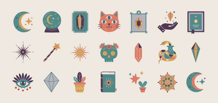 Gemstones and magic crystal doodle set, celestial moon and sun icons, mystical cat and skull sketches, bohemian spiritual elements collection, hand drawn magic symbols for design, crystal healing and 