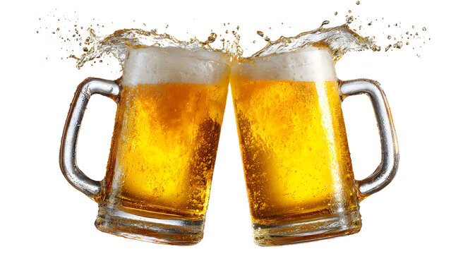 Two large glass mugs of golden beer clinking together with a splash of foam against white background