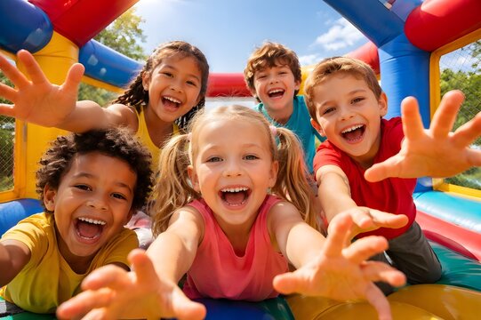 Happy Children Playing in Inflatable Bounce House on Sunny Day Outdoor Fun