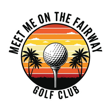 A vintage style graphic design featuring a golf ball on a tee with palm trees and a sunset theme