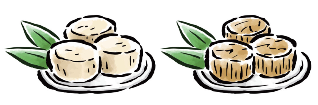 ホタテ　貝柱の刺身と干し貝柱　筆タッチ手描きイラスト
