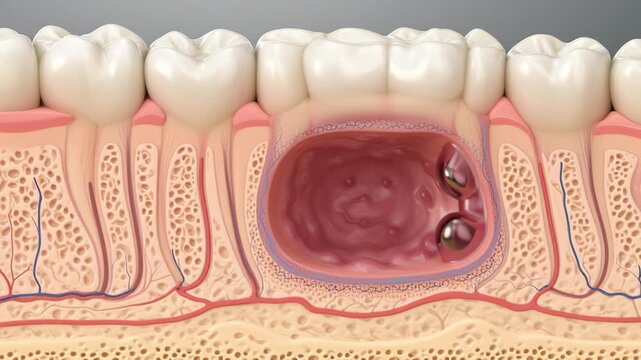 Cyst Concept ,Tooth decay cavity dental health oral hygiene gum disease infection molar enamel dentin pulp blood vessel nerve