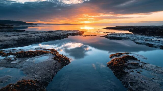 Serene Coastal Sunset Reflection in Tide Pools with Dramatic Clouds