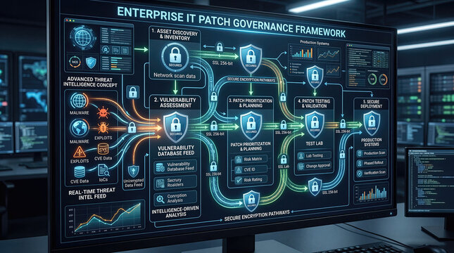 Vulnerability management patching strategy security concept. Visual representation of an IT patch governance framework.