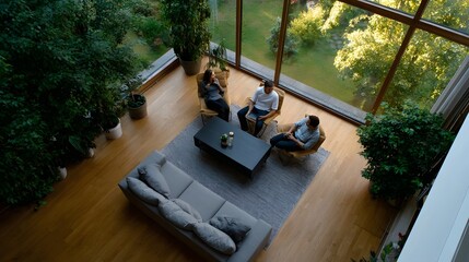 Fototapeta premium Three people converse in a sunlit modern living room filled with plants and overlooking a lush garden