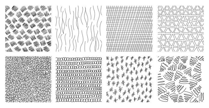 Hand-drawn crosshatch patterns with organic lines and pencil textures vector illustration set. Sketch-style hatching creates depth through diagonal strokes and cross-line shading techniques.