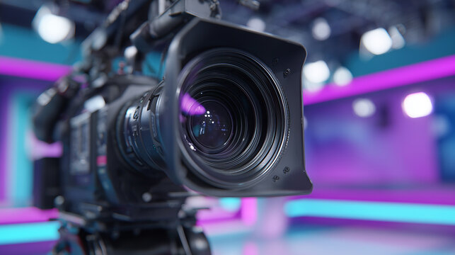Professional broadcast camera in television studio. Equipment for filming news program or live media event. Cinematic production technology for mass communication and digital content.