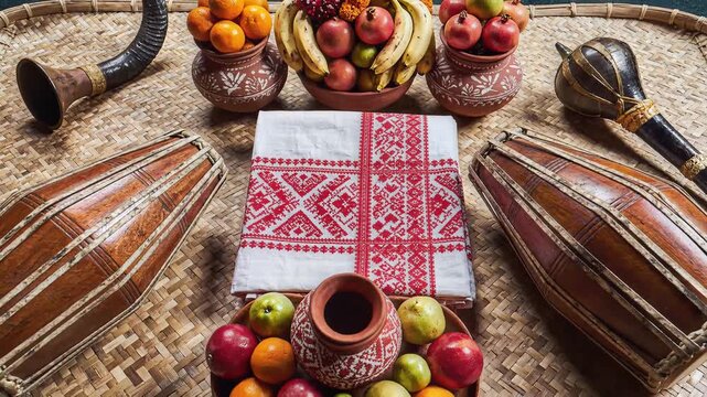 Assamese Bihu Festival Traditional Gamosa Dhol and Fruits