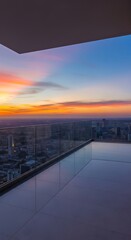 Obraz premium Stunning sunset view from a modern luxury penthouse balcony overlooking the city skyline