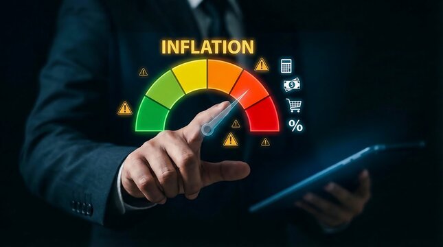Businessman points to gauge showing inflation rising on digital screen