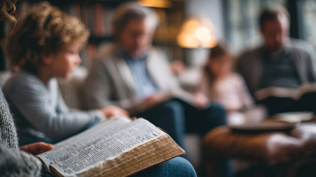 family faith and bible study concept with children and adults engaged together in living room during spiritual learning and prayer meeting