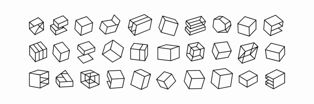 Isometric line brutal 3D shapes, Brutalism volumetric carcass various form, trendy cyber design symbols in futuristic aesthetics, vector set 7, Postmodern abstract geometric graphic frame elements