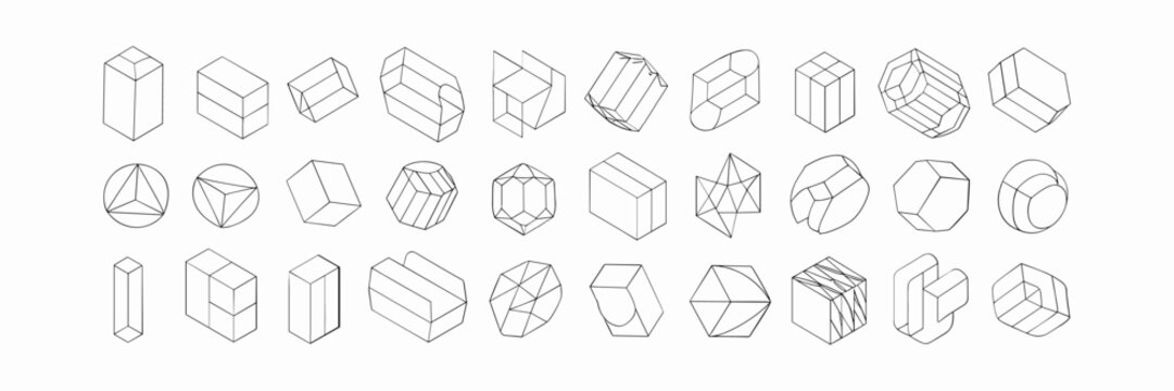 Isometric line brutal 3D shapes, Brutalism volumetric carcass various form, trendy cyber design symbols in futuristic aesthetics, vector set 7, Postmodern abstract geometric graphic frame elements