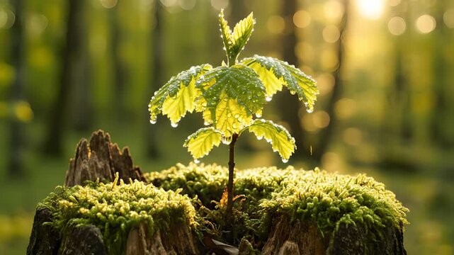 Vibrant green plant seedling with water droplets grows from a moss-covered tree stump in a sunlit forest, symbolizing new life, resilience, nature's regrowth,